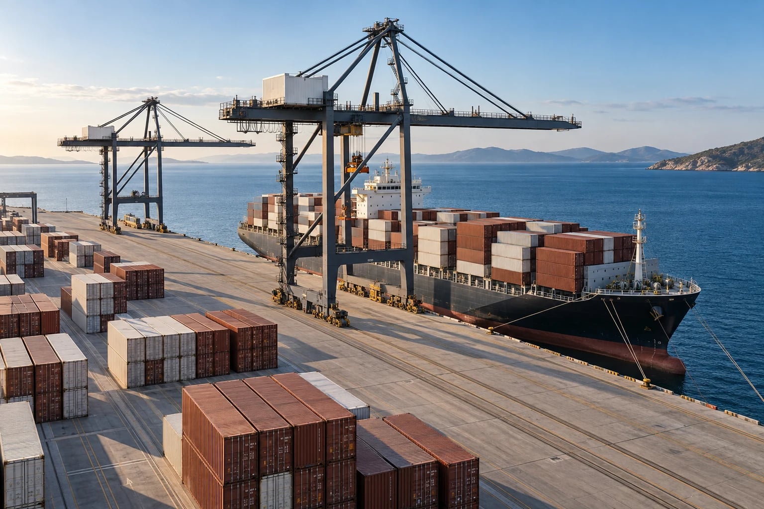 Cargo containers and cranes at a commercial port