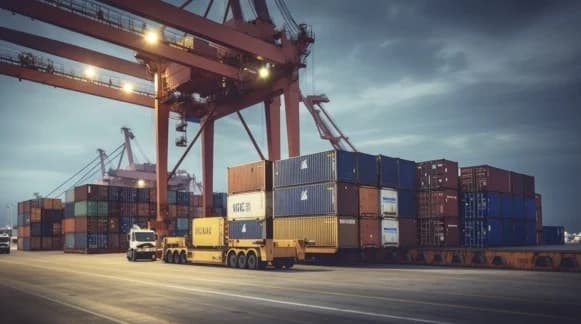 Container cranes overlooking an international shipping port